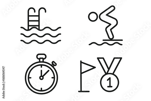 Swimming competition linear icon set. Vector outline symbols for water sports. Includes pool ladder, diving start, stopwatch timer, and first place award medal for achievement.