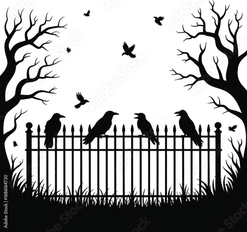 Silhouetted crows perched on fence birds trees