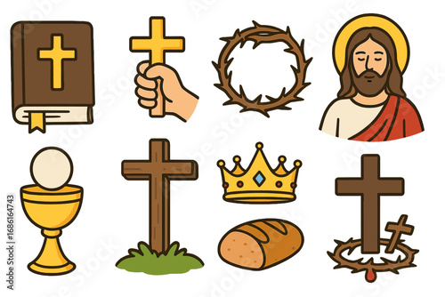 Christian symbols of faith and sacrifice vector icon set. Jesus Christ, Holy Bible, cross, crown of thorns, communion chalice, bread. Religious passion illustration.