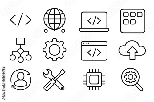 Technology and software development outline icon set. Vector symbols for coding, programming, network, cloud computing, app development, UI, UX, data, and web design concepts.