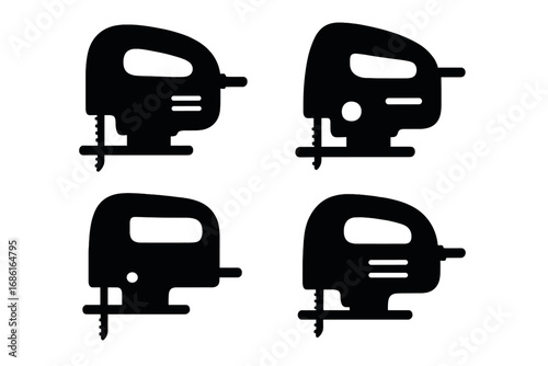 Jigsaw power saw vector icon set. Minimalist silhouette of carpentry and woodworking tools. Construction and DIY equipment symbols. Electric fretsaw for cutting wood.