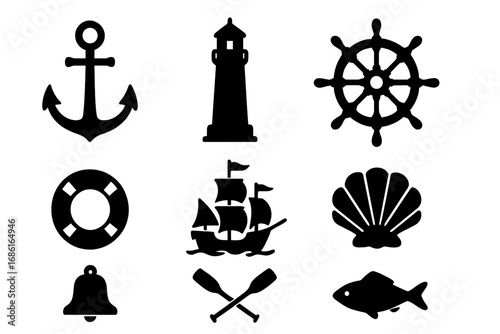 Nautical silhouette icon set with anchor, lighthouse, ship wheel, lifebuoy, sailing ship, shell, bell, oars, and fish. Marine symbols vector collection with transparent background, ordered set