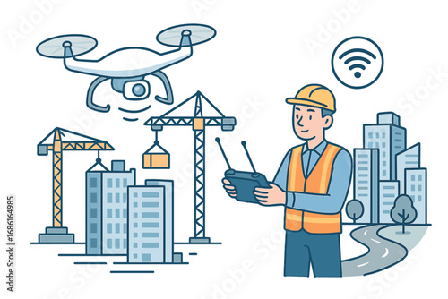 Innovative drone technology and advanced urban infrastructure development in smart city environments, futuristic construction with cranes, remote control operator, vector cartoon illustration