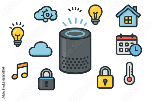 Smart speaker icons representing diverse digital ecosystem features and voice interaction capabilities for smart home management and technology control, vector cartoon illustration