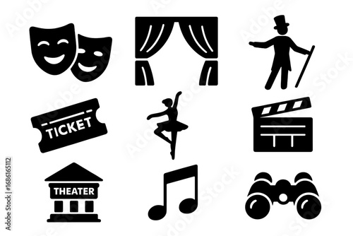 Theater performance solid icon set, drama entertainment icons in bold solid style, vector cartoon illustration collection with transparent background, ordered set 3, stage art symbols