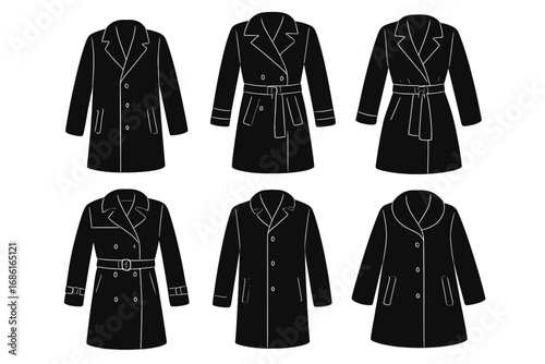 Set of six black coat silhouettes. Collection of stylish winter and autumn outerwear. Fashion illustration of trench coats and jackets for men and women. Vector icons isolated.
