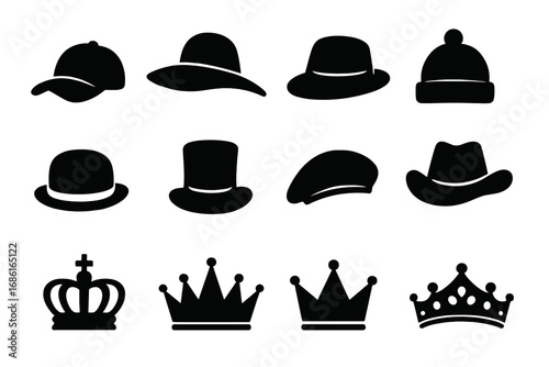 Headwear silhouette icon set. Vector collection of hats and crowns. Includes top hat, bowler, fedora, cowboy, beanie, cap and royal crowns. Fashion accessory symbols.