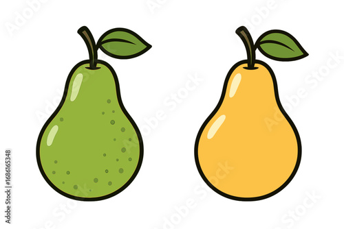 Two pears ripe and unripe vector illustration. Green and yellow fresh fruit set icon. Concept of ripeness stages, healthy eating, diet, organic food. Cartoon minimalist design.