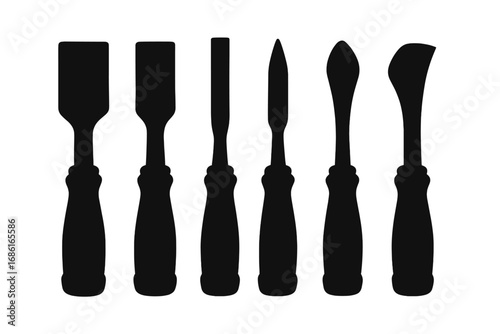Chisel set silhouette vector illustration. Collection of six different carving and woodworking tools. Craft equipment for woodcut, linocut, or sculpture. Black isolated shapes.