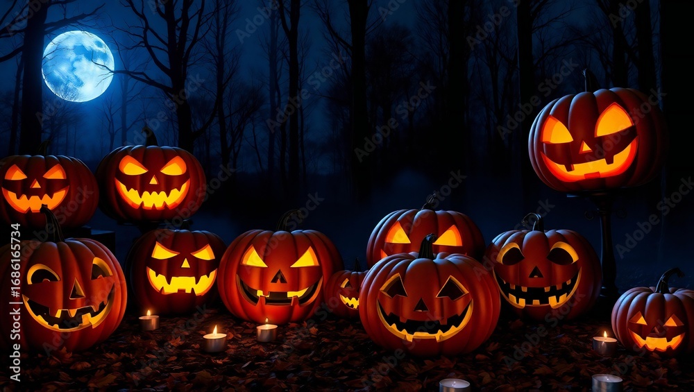 Fototapeta premium Spooky jack o lanterns glow in the moonlight on halloween night