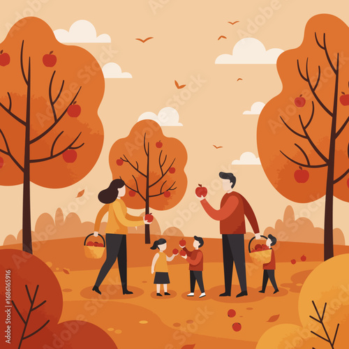 A family enjoying apple picking in a vibrant autumn landscape.