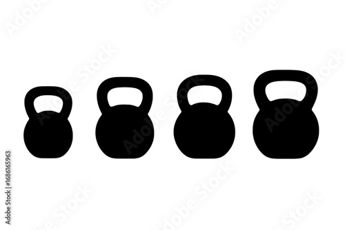 Collection of kettlebell silhouettes. Vector graphic icons for fitness, gym, and workout concepts. Strength training equipment. Dumbbell weights for bodybuilding & crossfit.