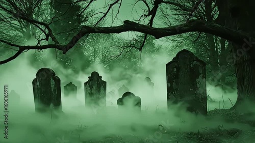 Eerie graveyard scene with fog swirling around ancient tombstones under dark, gnarled trees