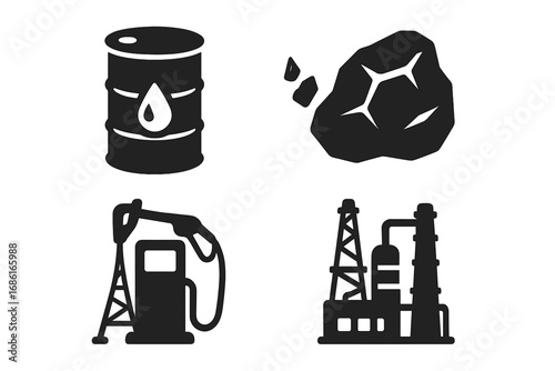 Fossil fuel icons. Solid glyph icon set. Oil industry, petroleum, barrel, coal, gas pump station, drilling rig, refinery. Energy and power concept. Vector illustration.