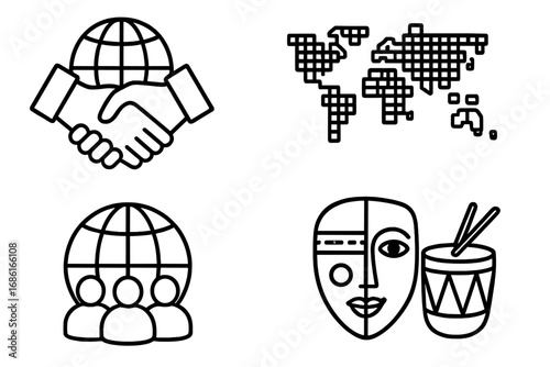 Globalization outline icon set. Vector symbols of global business, hybrid culture, international partnership, handshake, mosaic world map, global community, and diverse traditions.