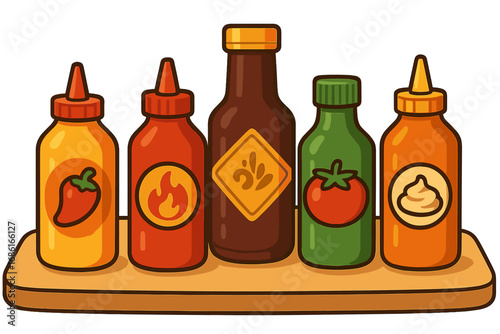 Variety of sauce bottles in colorful cartoon designs. Vector illustration of a condiment set on a shelf. Ketchup, hot sauce, bbq, mustard, mayonnaise for food and flavor concepts.