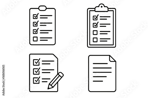 Checklist and document line icon set. Clipboard with to-do list and task management symbols. Survey, form, and report vector illustration for business and organization.