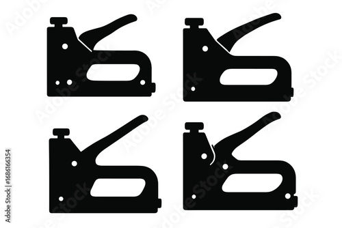 Staple gun silhouette vector icon set. Collection of construction tacker gun illustrations. Carpentry, repair and upholstery tool. DIY woodworking equipment for fastening.