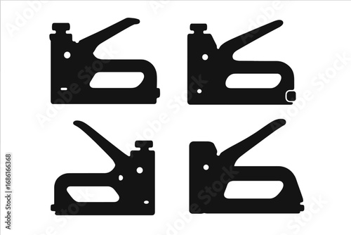 Set of black silhouette staple gun icons in various angles. Vector illustration of a construction or repair tool. DIY equipment for carpentry and upholstery. Isolated graphic.