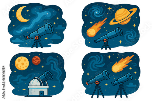 Night sky exploration with telescopes and cosmic phenomena, celestial bodies including moon, planets, comets, galaxies, observatory dome, detailed vector cartoon illustrations