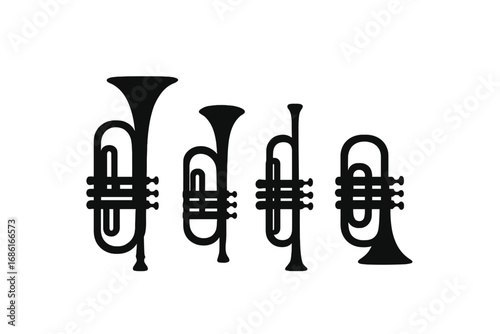 Silhouette icons of various trumpets in a minimalist design. Vector collection of brass instruments like tuba, cornet, bugle. Concept for jazz band, orchestra, classical music.