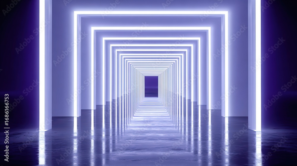 Fototapeta premium Futuristic neon tunnel with glowing rectangular frames and reflective floor creating an immersive high-tech corridor scene