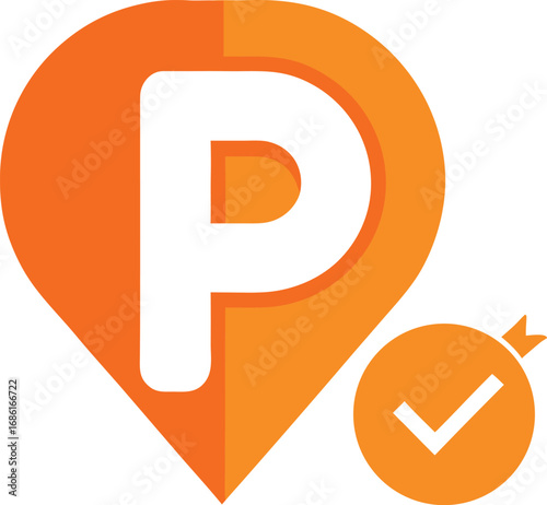 Orange parking location pin with letter p and checkmark