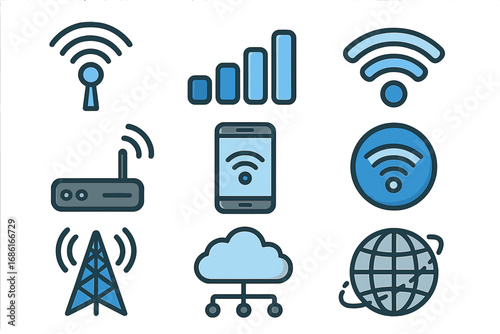 Set of wireless technology and internet connection icons. Vector pack with symbols for 5G, wifi, mobile signal, network router, cell tower, cloud computing, and global communication.