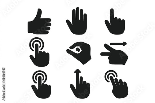 Hand gesture icon set for touchscreen. Click, tap, swipe, scroll and pinch gestures. User interface solid glyph pictograms. Vector illustration for mobile app and web design.