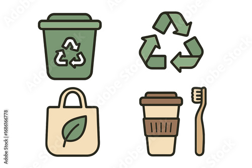 Minimalist recycling and eco-friendly products illustration showcasing sustainable practices with reusable bags, bamboo toothbrush, coffee cup, and recycle symbols in green and beige tones
