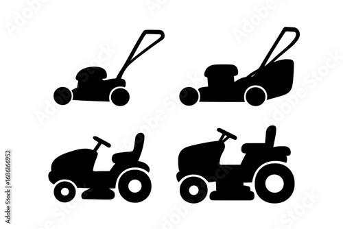 Vector icon set of lawn mowers and garden tractors. Collection of push mower and riding mower silhouettes for landscaping and yard care equipment illustration. Black isolated.