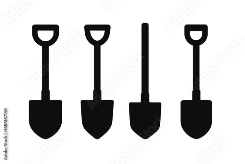 Shovel and spade silhouette vector icon set. Tools for construction, gardening, and farming. Digging equipment for groundwork and landscaping. Black isolated graphic symbols.