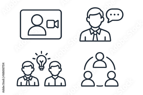 Business communication line icon set. Video conference, online meeting, webinar and teamwork symbols. Collaboration, brainstorming, idea, and networking vector illustration.