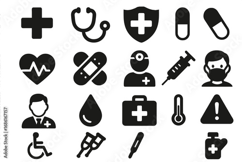 Medical healthcare solid glyph icons set. Vector collection of black pictograms. Medicine, hospital, emergency, and pharmacy symbols. Doctor, first aid, health, and safety signs.