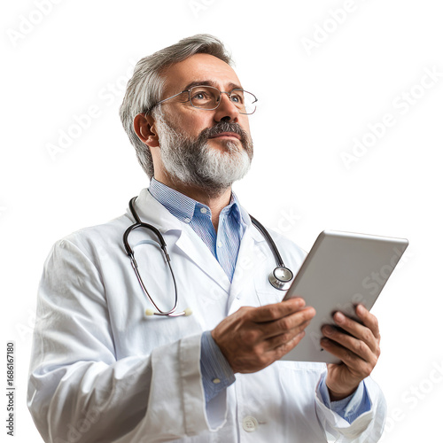 Medical professional holding tablet while looking away isolate on transparent background