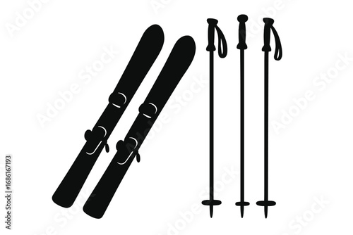 Silhouette set of ski equipment. Skis and poles collection for winter sports. Vector icon illustration for alpine skiing, mountain resort, downhill and recreation.