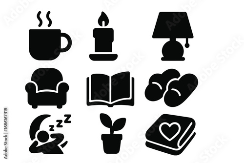 Home comfort silhouette icons set. Cozy relaxation lifestyle symbols. Vector graphic. Hygge concept with book, candle, coffee, lamp, slippers and sleeping person.