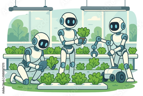 Robots tending lettuce in modern indoor garden during daytime, futuristic agriculture automation, AI farming assistance, cartoon vector illustration transparent background