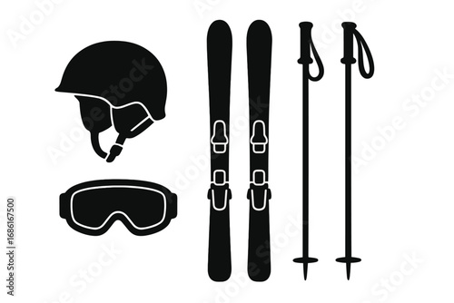 Ski equipment silhouette set. Winter sports gear collection. Vector icons of skis, poles, helmet, and goggles. Alpine mountain skiing concept. Isolated black and white illustration.