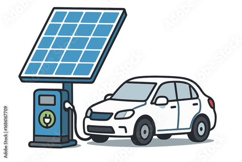 Solar charging stations for electric vehicles providing eco-friendly energy solutions in urban settings, green transportation concept, clean energy vector cartoon illustration