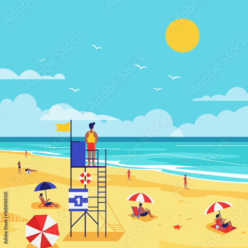 A vibrant beach scene featuring sunbathers, a lifeguard, and a clear blue sky.