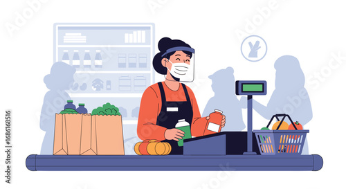 Grocery store cashier wearing face mask and gloves serves customers at checkout counter during pandemic keeping safe distance for health protection