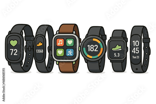 Variety of fitness tracking devices and smartwatches in a row, vector cartoon illustration, health monitoring wearable technology, exercise and activity trackers, digital sports watches collection