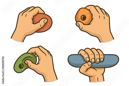 Various Hand Grips on Climbing Holds Showing Different Rock Climbing Techniques and Training Methods in Gym Setting, Vector Cartoon Illustration Transparent