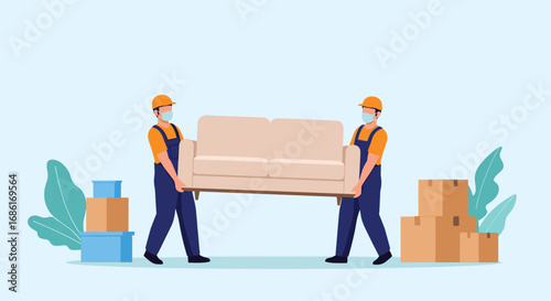 Two movers in uniform and masks carefully carrying a couch during a household relocation task