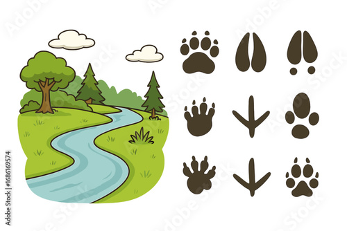 Wildlife tracking symbols with animal footprints along a river in a natural daytime setting, vector cartoon illustration, transparent background, nature tracking design
