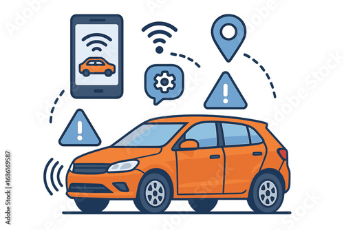 Wireless technology in automotive industry showcasing smart connected car features, safety alerts, GPS tracking, and mobile app integration, vector cartoon illustration