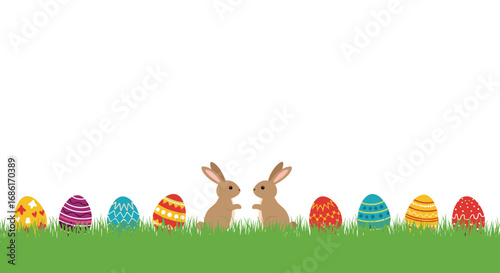 Adorable cartoon easter bunnies and colorful decorated eggs on green grass illustration for spring celebrations