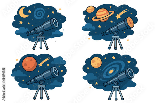 Telescope vector set for astronomy and space exploration. Stargazing icon collection with night sky, planet, moon, stars, galaxy. Science and hobby cartoon illustration.
