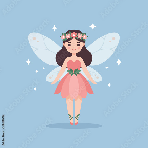 A cute fairy character with wings and a flower crown, set against a light blue background.